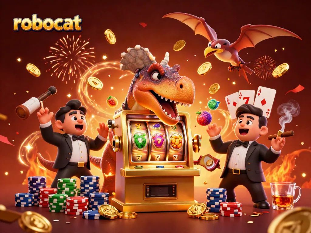 Experience the thrill of robocat casino action with a jackpot scene of animated characters.