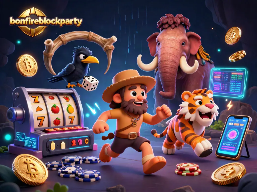Engage with bonfireblockparty's vibrant casino scene featuring a caveman and sabertooth duo winning in a colorful game