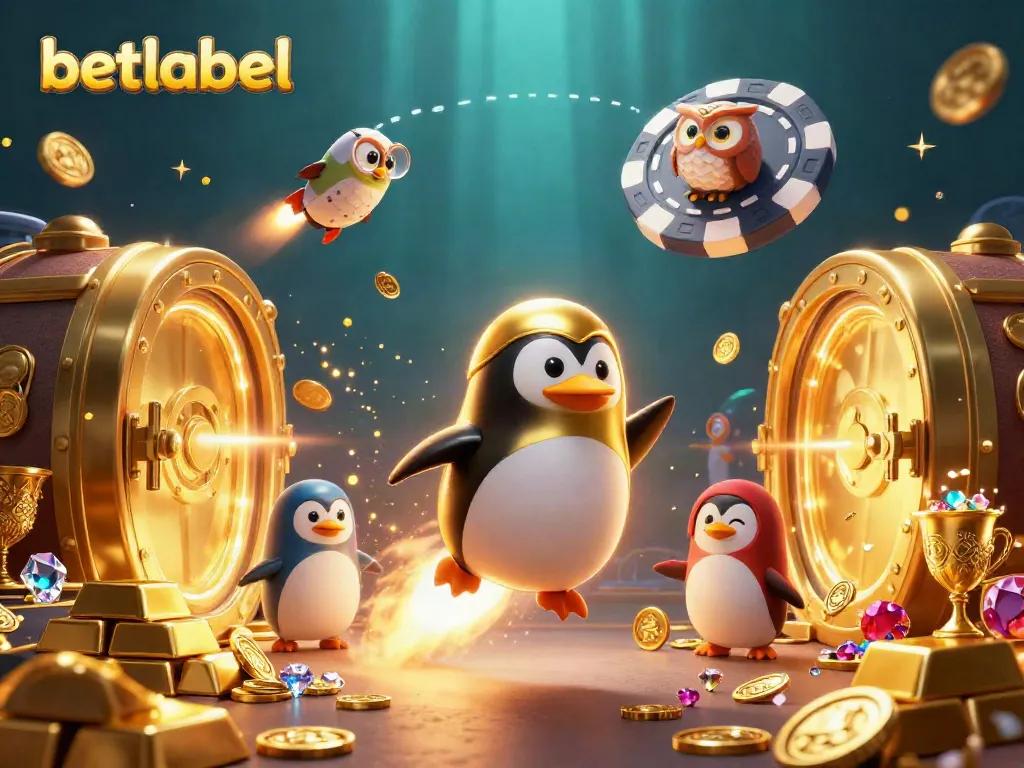 Betlabel features a golden penguin and casino elements in a rich 3D illustration.