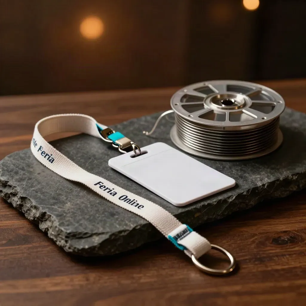 Cinta de lanyard, acreditaciones blancas y carrete de clips sobre piedra oscura, con luz dramática.