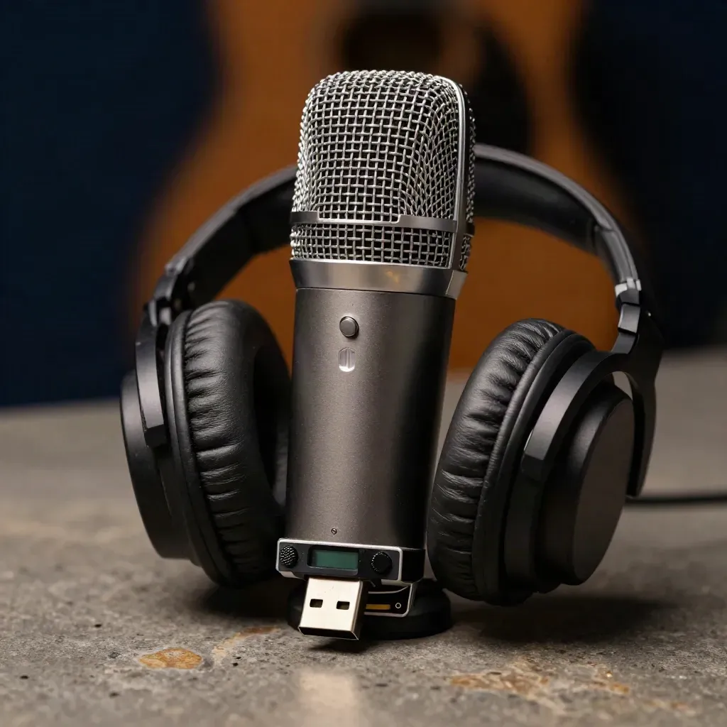 Micrófono USB, auriculares e interfaz de audio sobre piedra gris cálida con fondo oscuro.